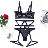 Znbbw Sheer Lace Lingerie Bandage Transparent Erotic Underwear 3-Piece Bilizna Set Underwire Bra Garters Briefs Sexy Intimate