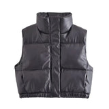 Znbbw TRAF Leather Vest Jackets Wome Solid Zipper Buttons Pockets Thick Warm Parka Women Waistcoats Autumn Winter Jackets