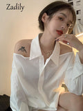 znbbw 2023 Summer Long Sleeve White Shirt Women Korean Style Off The Shoulder Button Ladies Tunic Blouse Female Clothing Tops