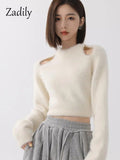 znbbw 2023 Winter Korean Style Slim Long Sleeve Mohair Sweater Women Sexy Backless Bandage Ladies Crop Top Fall Female Pullover