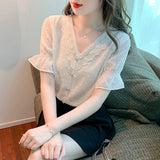 Znbbw Shipping Blouses Women Short Sleeve White Lace V-Neck Chiffon Blouse Shirt Tops Women Blusas Mujer De Moda 2023 Verano F482