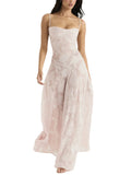 Znbbw Vintage Long Dress For Women Spaghetti Strap Floral Lace Patchwork Low Cut Backless A Line Dress