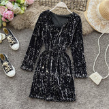 Znbbw Spring Autumn Women's Sequin V-neck Dress Long Sleeve Dress New Temperament Slim Sexy Party Dress Bottoming Dress Y245