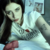 Znbbw Fashion Letter Print Fairy Grunge Women Summer E-girl White Crop Tops Slim 90s Streetwear Harajuku Goth Short Sleeve T-shirt