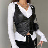 Znbbw Fashion Vintage Sexy PU Leather Vest Women Sleeveless Button Closure Design Slim Fit Tank Tops Streetwear Crop Top