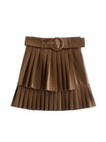 Znbbw ZBZA Women 2023 Pu Leather Mini Skirt with Belt Women High Waist Pleated Skirts womens Casual Streetwear Party 202309