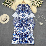 Znbbw Summer Runway Loose Maxi Dress Women's Bawting Sleeve Blue and White Porcelain Flower Print Bohemian Long Robe Female