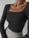 Znbbw Square Neck Long Sleeve T Shirts Women Knitted Autumn Winter Black Ribbed Basic Top Female Sexy Casual Slim Shirt