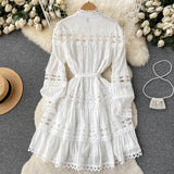 Znbbw Runway Lace Trims Embroidery Hollow Out Stitching Short Dress Women's Long Lantern Sleeve Stand Belt Party Mini Vestidos