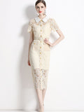Znbbw Designer Luxury Hollow Out Midi Lace Dress Women Summer Short Sleeve Metal Buttons Belt Pockets Party Vestidos N6915