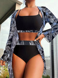 Znbbw Printed Tropical Flower Bikini Swimwear Sets Women High Waist 3 Peice Sets 2023 Fashion Sexy Summer Beach Bathing Suits