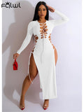 znbbw Summer Sexy Solid Long Dresses Party For Women 2023 Long Sleeve Hollow Out Bandage Side Slit Maxi Dresses Club Dresses