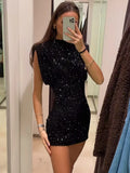 Znbbw Sequin Mini Dress For Women Elegant O Neck Fly Sleeve Shiny Short Robe Female Y2k Chic Christmas Evening Party Vestidos