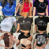 Znbbw Sexy Punk Vintage Goth Black T Shirt Summer Clothes For Women Fashion Rhinestone Crop Top O-neck Short Sleeve Tee Streetwear