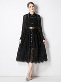 Znbbw Vintage Hollow Out Long Sleeve Over Knee Dress Women High Waist Sashes Buttons Female Black Lace Embroidery Dress