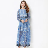 Znbbw Fashion Runway Classic Blue and White Porcelain Print Maxi Dress Women Long Sleeve Vintage Casual Chiffon Long Vestidos