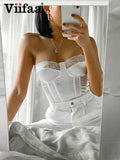 Znbbw Lace Trim White Satin Strapless Sexy Corset Crop Top Women Zipper Back Tight Bustier Clubwear Party Female Slim Tops