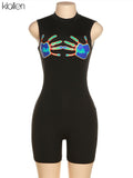 Znbbw Women Playsuit Gradient Fingerprinting Fashion Mock Neck Sleeveless Body-Shaping Zipper Overall Female Street Rompers