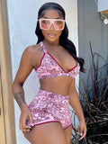 Znbbw Piece Set Women Printed Lolita Tracksuits Sexy Strap Cross Cropped Camisole Top+High Waist Mini Shorts Outfits 2023 Summer