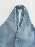 Znbbw TRAF 2023 Chic New Hanging Neck Denim Jumpsuit Backless Design Sense Stylish Female Elegant Jumpsuit Mujer