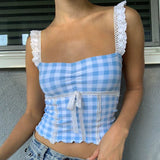 Znbbw Women Y2K Crop Top Cute Bow Lace Strap Camis Aesthetic Fairycore Vest Chic Retro Plaid Backless Milkmaid Tops 2000s Vintage