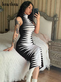 Znbbw Women Fashion Sleeveless Striped Printed Bodycon Pencil Red Long Dress Streetwear 2023 Summer Clothes Wholesale Items