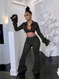 znbbw Fall Sexy Solid 2 Two Piece Sets Fall Outfit For Women 2023 Long Flare Sleeve Crop Top And Stacked Pants Sets Female