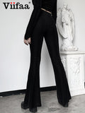 Znbbw Ribbed Black High Waist Slim Fitted Skinny Long Flare Pants Women 2023 Spring Autumn Stretchy Trousers Streetwear