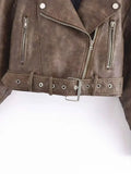 Znbbw TRAF Spring Short Women Slim Bandage Khaki Faux PU Leather Jacket Fashion Lapel Long Sleeve Outerwear Ladies Streetwear