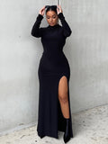 znbbw Autumn Winter Sexy Backless Black Dress Women 2023 Long Sleeve Chain Maxi Split Bodycon Dresses Party Club Elegant