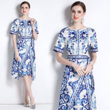 Znbbw 2023 Summer Blue and white porcelain Midi Dress Women's Round Neck Short Sleeve Lace Waist Slim Package Hip Dress