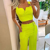 Znbbw Sets For Women 2 Pieces Summer Sexy Strap V Neck Sleeveless Bare Waist Solid Short Top Casual Loose Pants Sets Streetwear