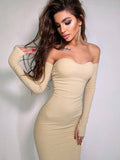 Znbbw Sexy Strapless Knitted Midi Dress For Women Robe Autumn Fashion Full Sleeve Backless Long Dress Vestido Clothes