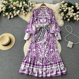 Znbbw Style Long Dress Women's Stand Collar Lantern Sleeve Ruffles Hem Geometric Printing Sashes Maxi Party Vestidos N5794