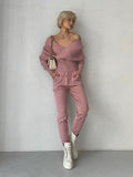 znbbw New Sexy Off Shoulder Knitted Two Piece Set Women Long Sleeve Sport Tracksuit 2 Piece Sweater Pants Suits Matching Sets