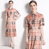 Znbbw Summer Fashion Runway Shirt Dresses Women's Lapel Short Sleeve Elegant Vintage Plaid Print OL Pleated Midi Vestidos N2038