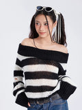 Znbbw Y2k Punk Rock Zipper Sexy Off Shoulder Sweaters Women Gothic Black Grey Stripes Broken Hole Loose Knitted Jumpers