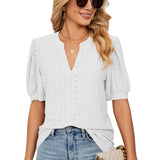 Znbbw Solid Lace Woman Shirt Elegant Hollow Puff Short Sleeve Pullover Blouse Women Casual V-neck Loose Lady Tops Blusas 24698