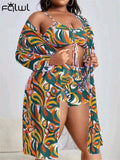 znbbw Printing Bandage Plus Size 3 Piece Swimsuit Summer Outfits For Women 2023 Sexy Long Sleeve Cover Ups Beach Vacation Wear