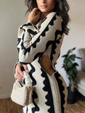 Znbbw Long Sleeve Bodycon Dress Women Sexy Cut Out Wave Knitted Maxi Dress Autumn Lady Christmas Party Evening Outfits