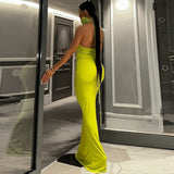 Znbbw Elegant Neon Yellow Prom Maxi Dress Sexy V-Neck Sleeveless Long Mermaid Evening Party Gowns Bridesmaid Dress Vestido 2023