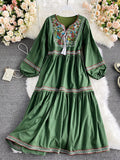 Znbbw Vacation Retro Ethnic Embroidery Vestidos Female V-neck Fringe Lace-up Puff Sleeve Fashion Temperament Midi Dress KK1127