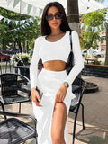 znbbw Fall Sexy Solid Ribbed 2 Two Piece Sets Fall Outfit For Women 2023 Long Sleeve O Neck Crop Top And Skirt Sets Female
