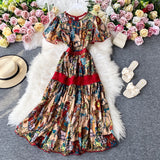 Znbbw 2023 Fashion Designer Runway Pleated Dress Summer Women Flare Sleeve Flower Print Lace Splicing Ruffles Party Vestidos