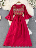 Znbbw Retro Round Neck Cotton Linen Embroidery Bell Sleeve Waist A-line Dress Elegant Holiday Big Swing Vestidos Women D1576