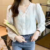 Znbbw Lace V-Neck White Blouse Shirt Women Tops Shirts Blouses Blusas Mujer De Moda 2023 Long Sleeve Blouse Women Blusa H69