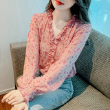 Znbbw Sleeve Print Chiffon Blouse Shirt Women Tops Blouses Shirts Blusas Mujer De Moda 2023 Ruffles V-Neck Blouse Women G173