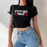 Znbbw Milf Star Print Crop T-shirts 2023 Fashion Casual Women Crop Top Summer Black Sexy E-girl Baby Tee Streetwear Y2k Clothes