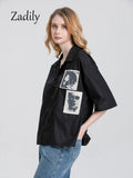 znbbw 2023 Summer Y2k Short Sleeve Shirt Women Patch Designs Button Up Loose Blouse Tunic Gothic Streetwear Female Clothing Top