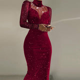 znbbw Women Fashion Slim Patchwork Mesh Maxi Dress 2023 Elegant Glitter Banquet Dress Sexy Turtleneck Bodycon Shiny Ladies Party Dress